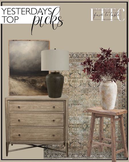 Yesterday’s Top Picks. Follow @farmtotablecreations on Instagram for more inspiration.

Regan Metal Nightstand. Moody Dark Tone Abstract Canvas Printed Sign. Artisan Handcrafted Terracotta Vase. McGee & Co Faux Maple Leaf Stem. Loloi Layla Collection, LAY-03, Olive/Charcoal, Thick, Runner Rug, Soft, Durable, Vintage Inspired, Distressed, Low Pile, Non-Shedding, Easy Clean, Printed, Living Room Rug. Boraam Sonoma, Barnwood Wire-Brush, 24-Inch Stool. Daveney Concrete Table Lamp. McGee & Co. Tent Sale. Pottery Barn Finds. Amazon Home Finds  

#LTKHome #LTKFindsUnder50 #LTKSaleAlert