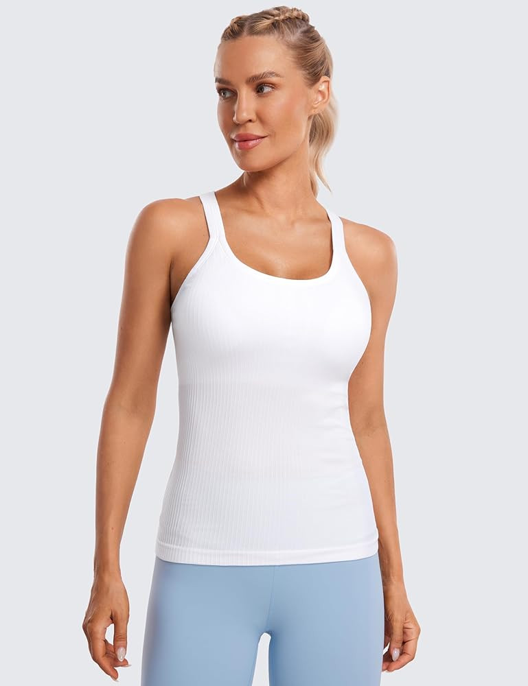 CRZ YOGA Womens Seamless Ribbed Racerback Tank Tops with Built in Bra - Padded Scoop Neck Slimmin... | Amazon (US)