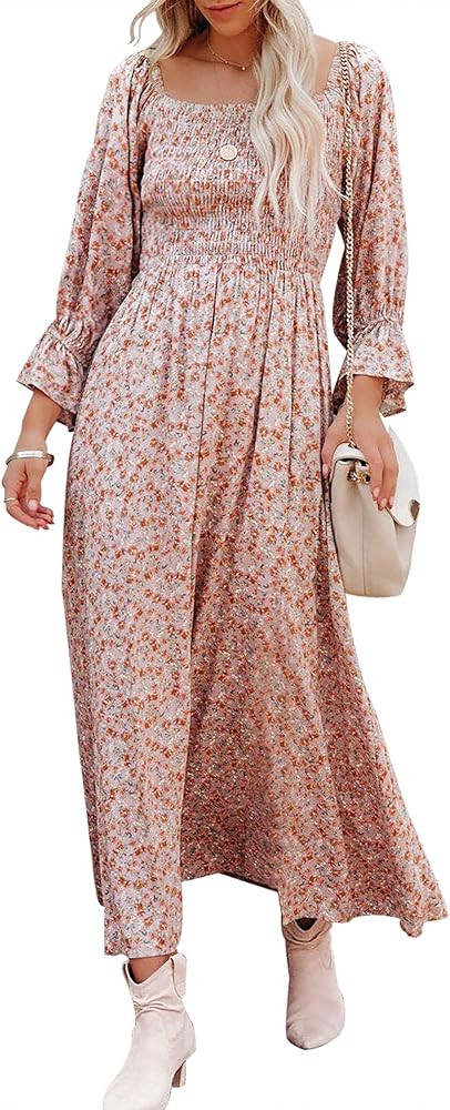 ZESICA Women's Casual Square Neck 3/4 Puff Sleeve Solid Color Smocked High Waist Flowy Midi Dress | Amazon (US)