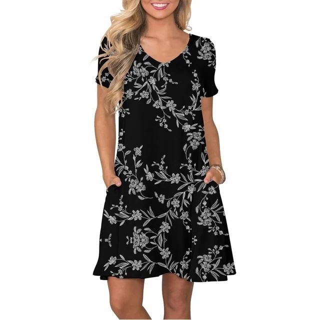 ANYJOIN Women's Summer Casual Dresses V Neck Short Sleeve Swing Dress with Pockets | Walmart (US)