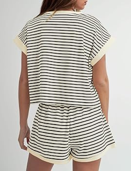 MISSACTIVER 2 Piece Lounge Set Women Stripe Knit Short Sleeve Tee Shirts Shorts Casual Summer Lou... | Amazon (US)