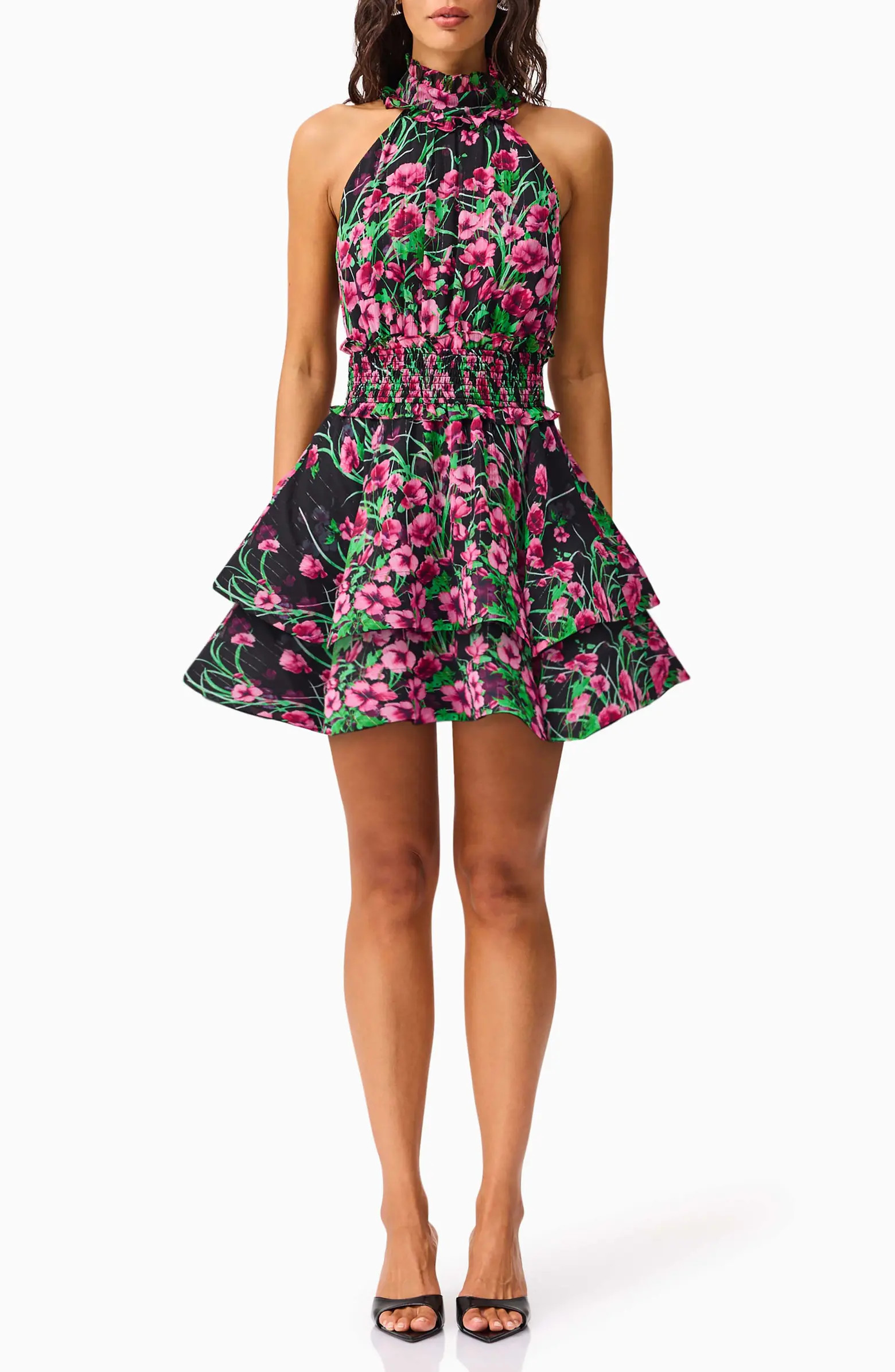 Estelle Metallic Floral Smocked Waist Fit & Flare Minidress | Nordstrom