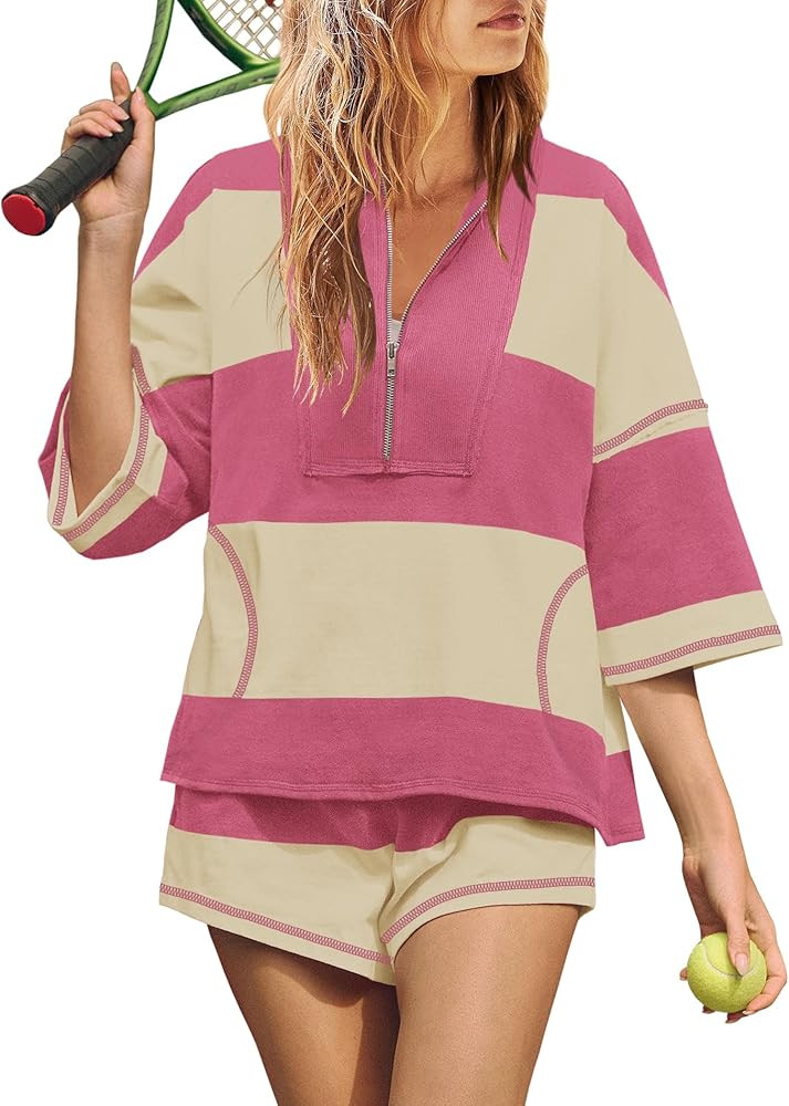 Yanekop Womens 2 Piece Outfits Summer Striped Workout Set Oversized Matching Lounge Sets Quarter ... | Amazon (US)
