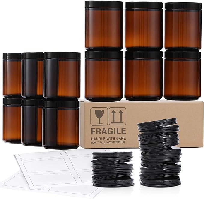 12 Pack, 8 OZ Thick Amber Round Glass Jars with 12 Metal Lids & 12 Plastic Lids - Empty Candle Ja... | Amazon (US)