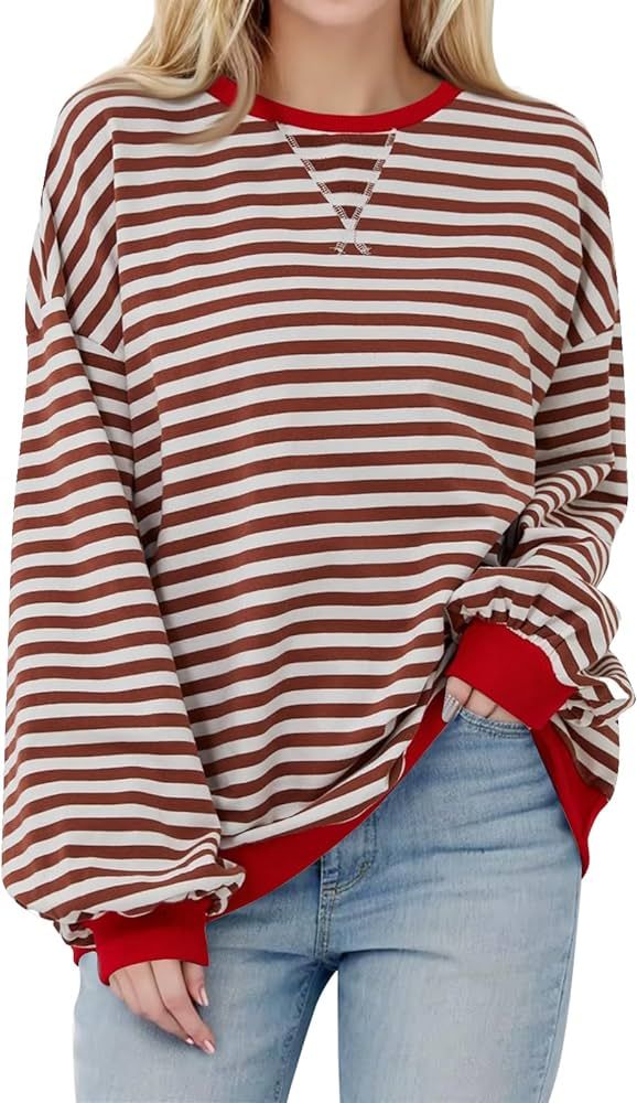 Womens Oversized Sweatshirt Casual Striped Color Block Long Sleeve Crewneck Pullover Tops Fall Ou... | Amazon (US)
