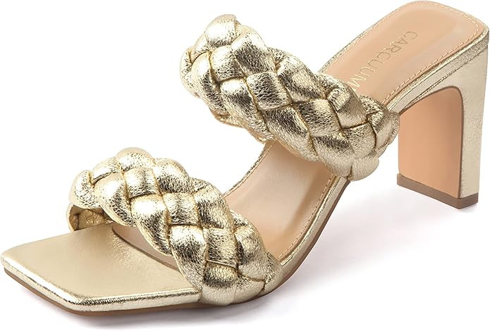 Carcuume Womens Braided Heels Square Open Toe Two Strappy Woven Mule Block Comfortable Heeled San... | Amazon (US)