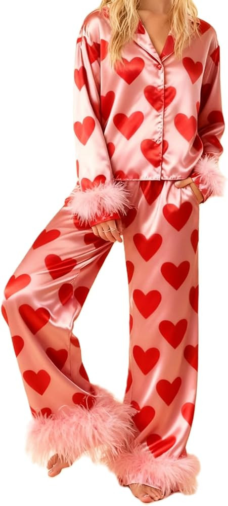 KMBANGI Women Y2k Pajamas Set Heart Print Silk Satin Pjs Feather Trim Long Sleeve Shirt Pants Lou... | Amazon (US)