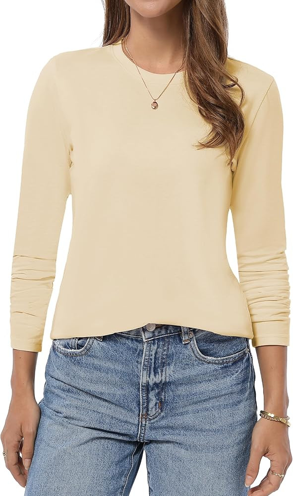 QUALFORT 100% Cotton Long Sleeve/Short Sleeve T Shirt Women Crew Neck Lightweight Tee | Amazon (US)