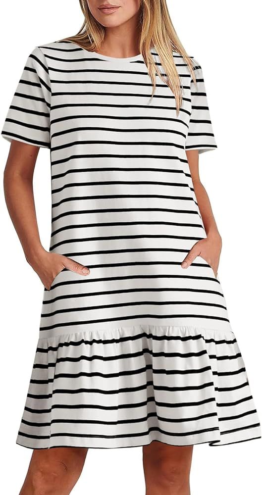 MITILLY Women's Casual Summer T Shirt Dress Striped Loose Short Sleeve Tunic Dress with Pockets | Amazon (US)