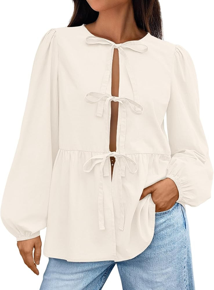 AUTOMET Women Tie Front Peplum Tops Long Puff Sleeve Bow Babydoll Blouse Shirts 2024 Trendy | Amazon (US)