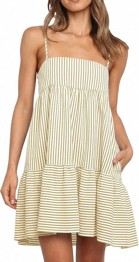 Wenrine Womens Summer Striped Mini Dress Casual Spaghetti Strap Sleeveless A Line Beach Sundress ... | Amazon (US)