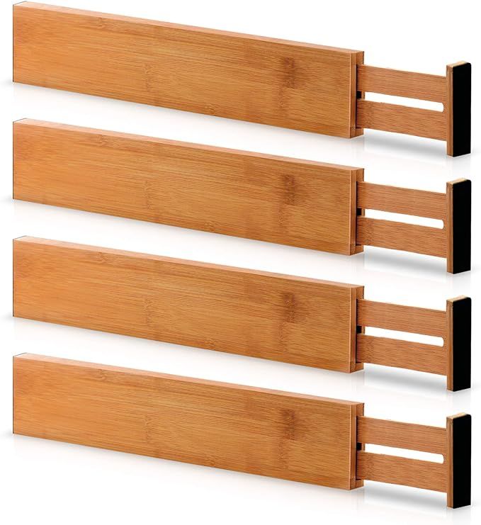 Bamboo Adjustable Drawer Dividers Organizers - Big Expandable Utensil Organizer Separators for Ki... | Amazon (US)