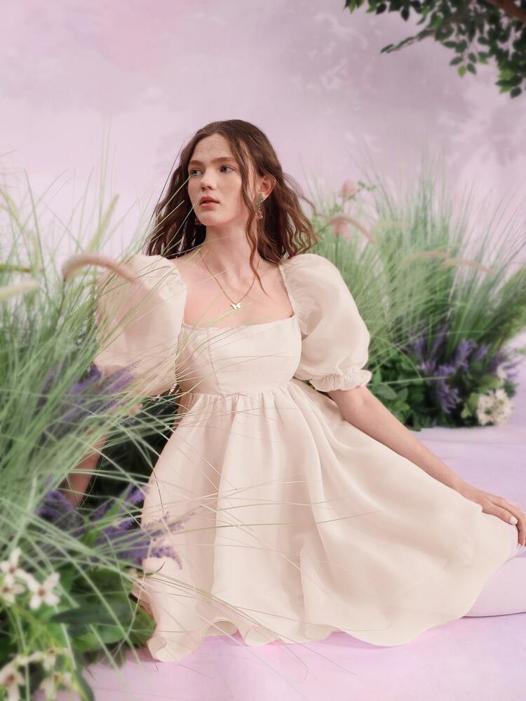 SHEIN MOD Square Neck Puff Sleeve Organza Dress | SHEIN