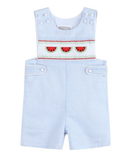 Lil Cactus Blue Stripe Watermelon Smocked Shortalls - Infant & Toddler | Zulily