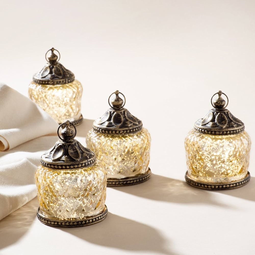 LampLust Mini Gold Mercury Glass Lanterns: Set of 4, Warm White LED Lights, 4 Inch Height, Antiqu... | Amazon (US)