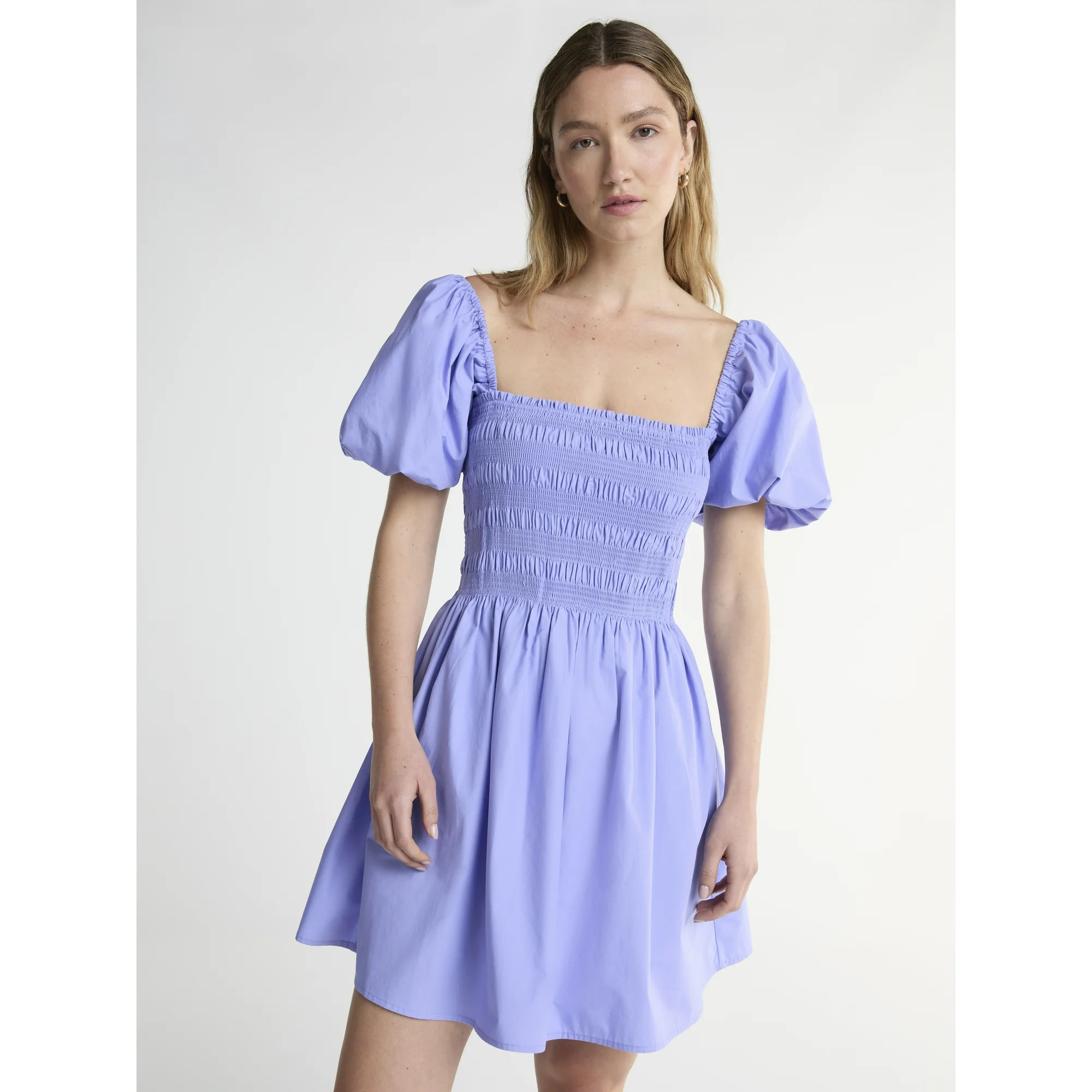 Scoop Women’s and Women's Plus Cotton Smocked Mini Dress with Puff Sleeves, Sizes XS-4X | Walmart (US)