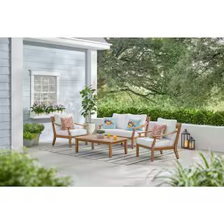 Hampton Bay Woodford 4-Piece Eucalyptus Wood Patio Conversation Set with CushionGuard Bright Whit... | The Home Depot