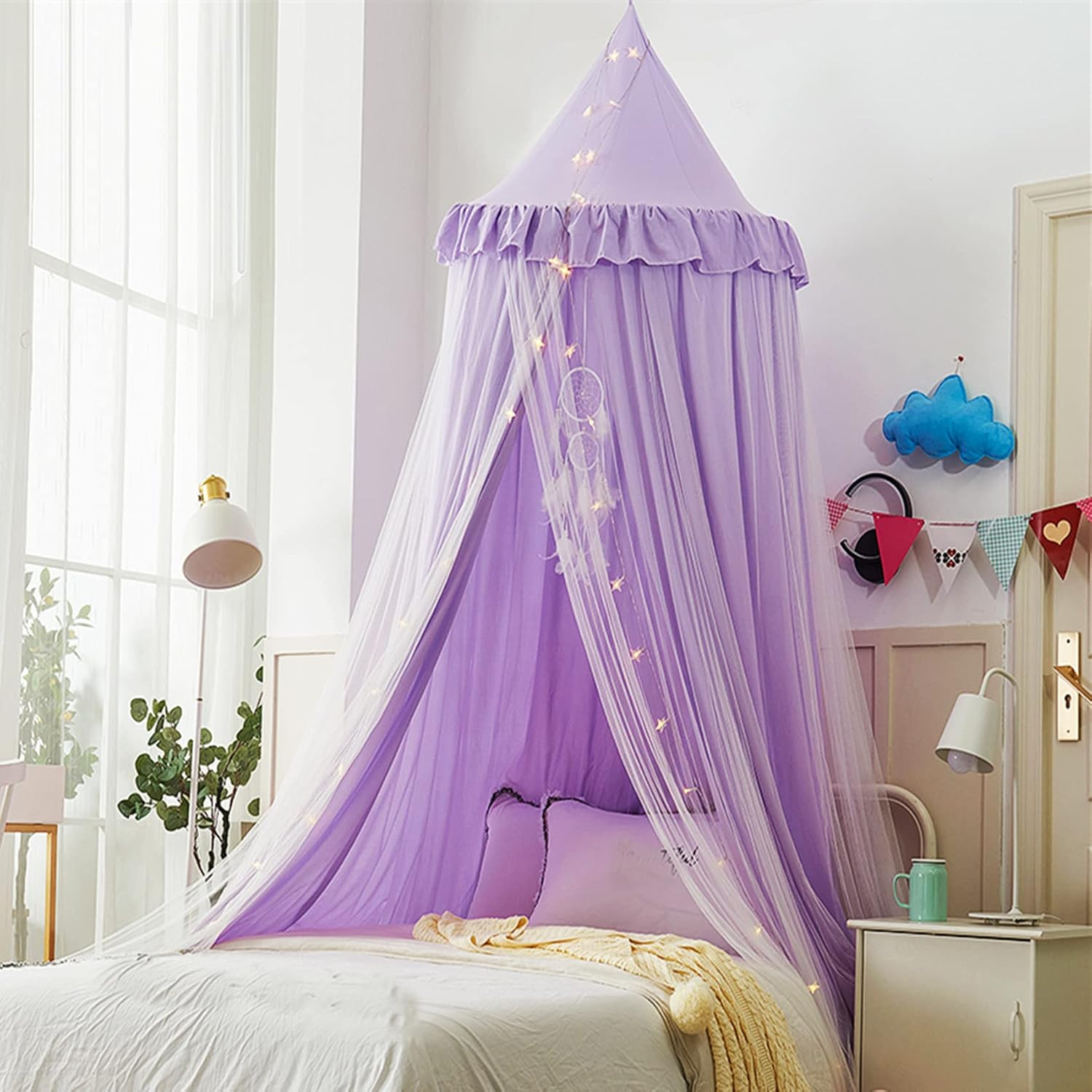 VETHIN Bed Canopy for Kids with Lights,Double Layer Princess Round Dome Children Dreamy Mosquito ... | Amazon (US)