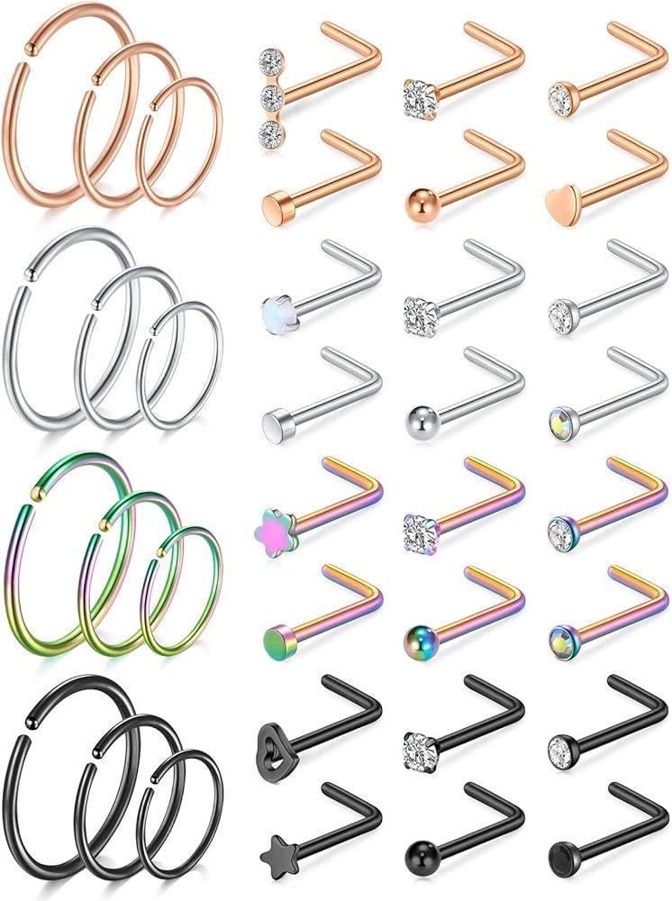 Amazon.com: MODRSA Nose Rings 20g Nose Rings Studs L Shape Nose Piercings Stainless Steel Nose Ri... | Amazon (US)