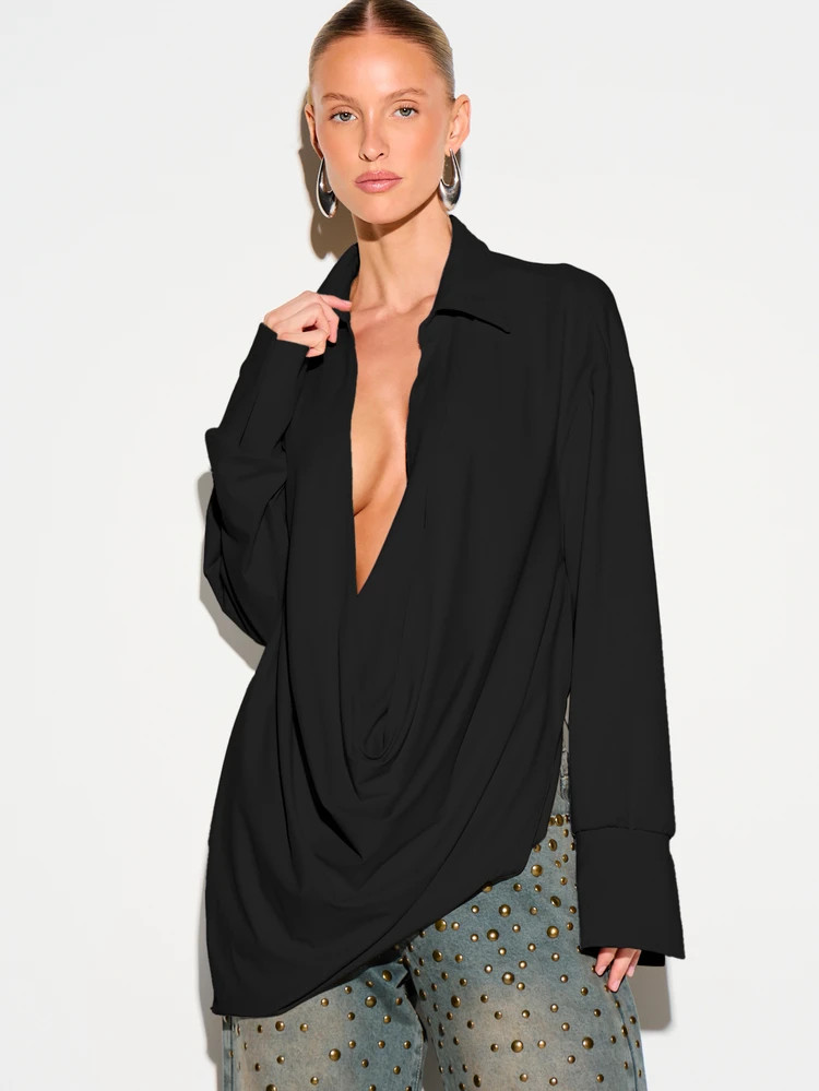 KIZN Cowl Neck Long Sleeve Shirt With Deep V Drape Front Casual Blouse For Fall Winter Office | SHEIN
