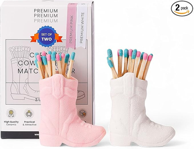 2 Pack Cowboy match holder, Home decor ceramic match holder, cowboy boot match holder, with strik... | Amazon (US)