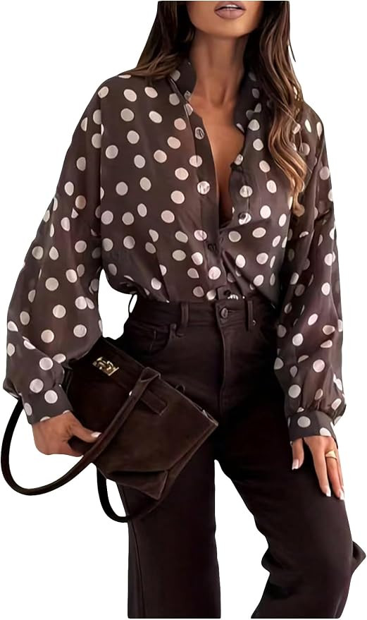GORGLITTER Women's Polka Dots Blouse Dressy Business Casual Lantern Long Sleeve Collar Button Dow... | Amazon (US)