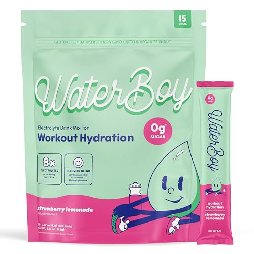 Waterboy Workout Hydration | 2,960mg Sugar Free Electrolyte Powder Packets | L-Glutamine + Vitamins | No Sugar, All Natural, Gluten Free | 15 Drink Stick Mixes (Strawberry Lemonade) | Amazon (US)