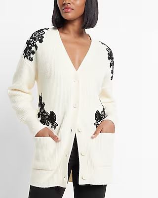 Lace Pieced Button Front Cardigan | Express