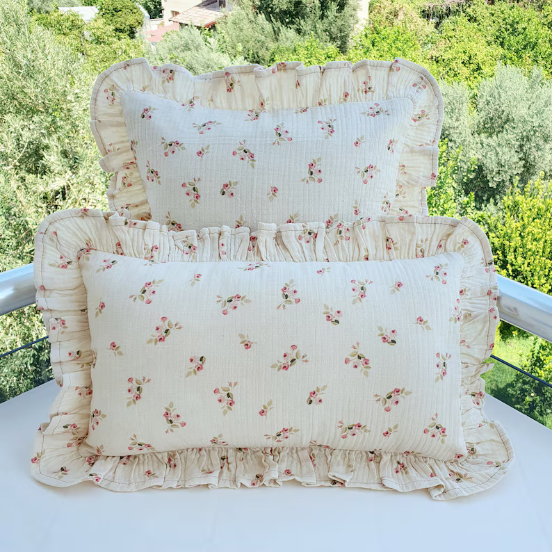 Organic Cotton Ruffle Pillow Cover: Floral Muslin Frill - Etsy | Etsy (US)