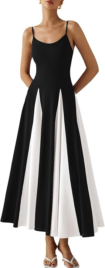 PRETTYGARDEN Spaghetti Strap Color Block Spring Dresses for Women 2025 Trendy Sleeveless Maxi Dre... | Amazon (US)