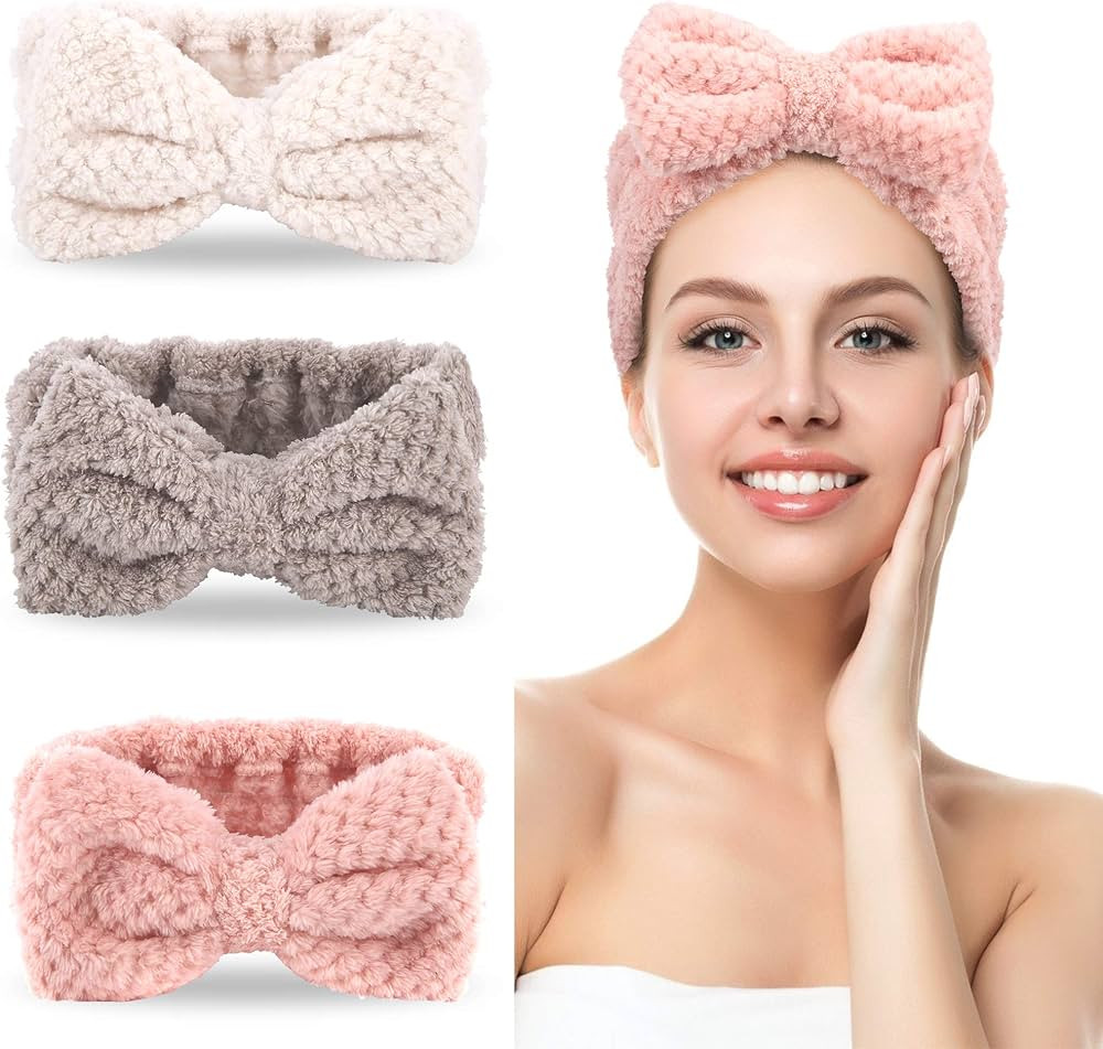 3 Pack Spa Headbands Microfiber Bowtie Headbands for Women for Washing Face, White, Gray, Pink | Amazon (US)