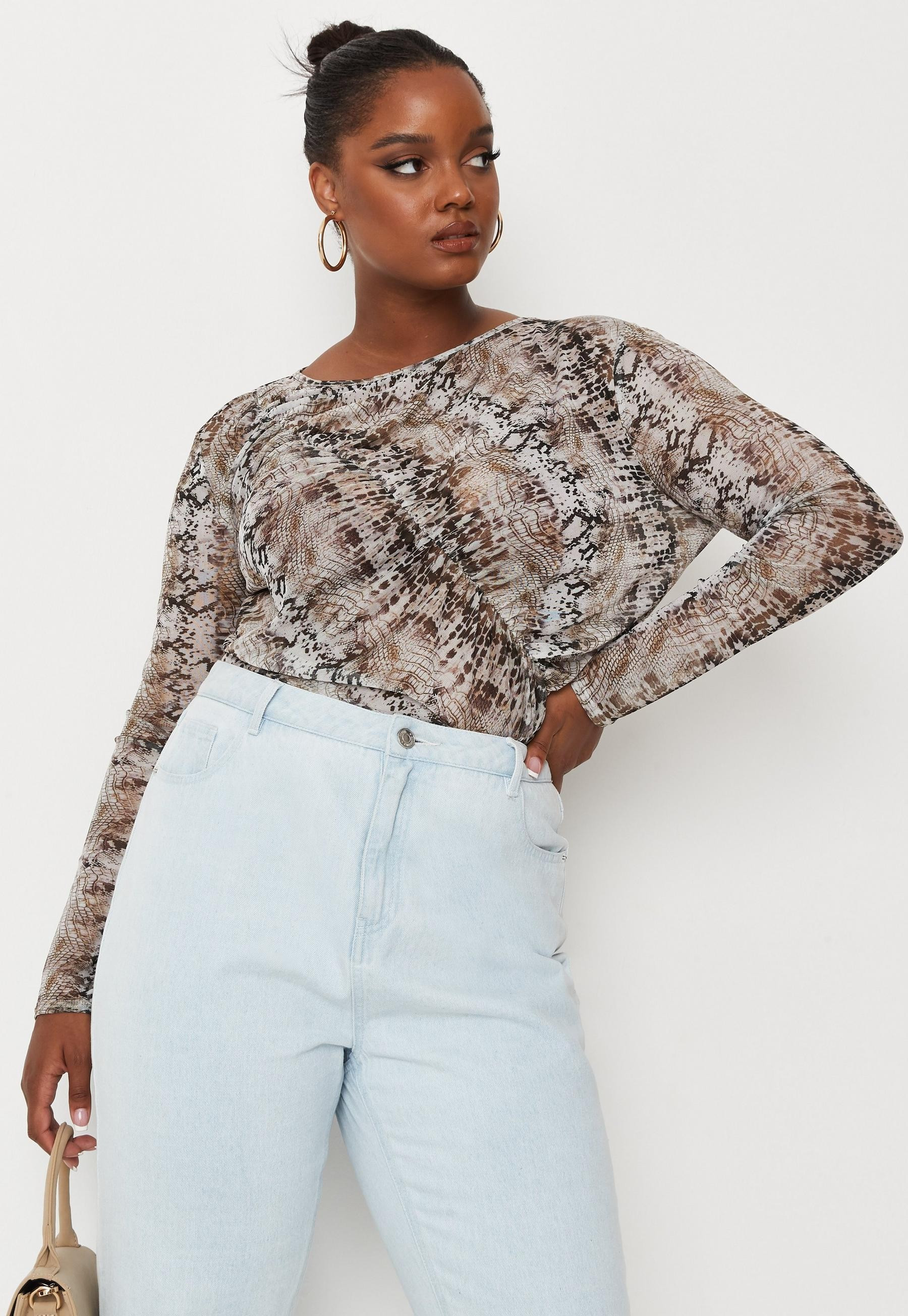 Missguided - Plus Size Cream Snake Print Mesh Ruched Top | Missguided (US & CA)