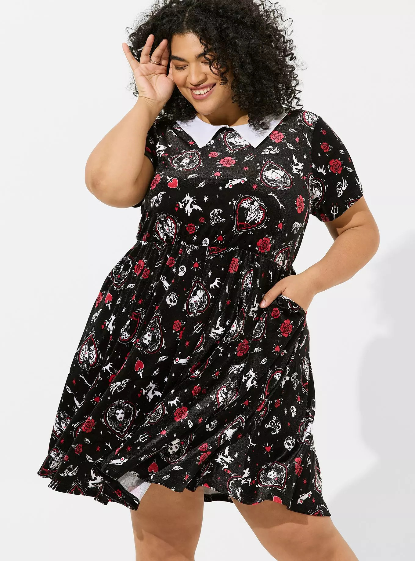 Disney Villains Skater Midi Stretch Velvet Collared Dress | Torrid (US & Canada)