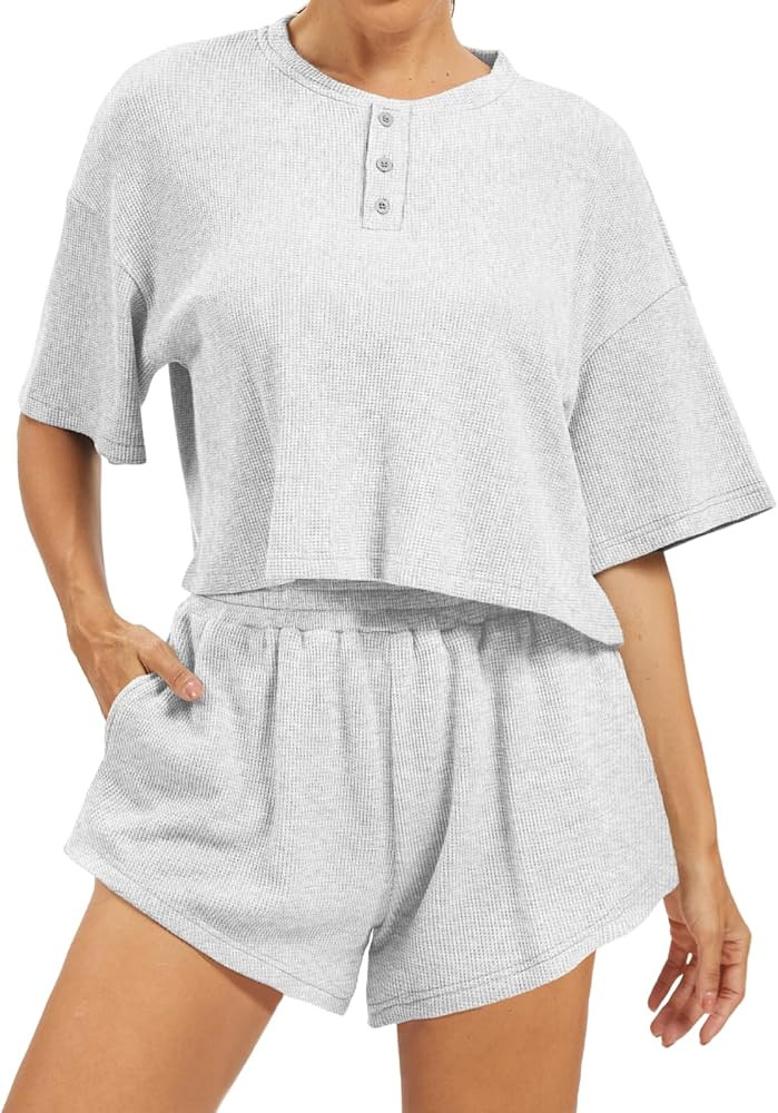 AnotherChill Women's Cropped Waffle Knit Lounge Set – Short Sleeve Henley Top and High Waisted ... | Amazon (US)