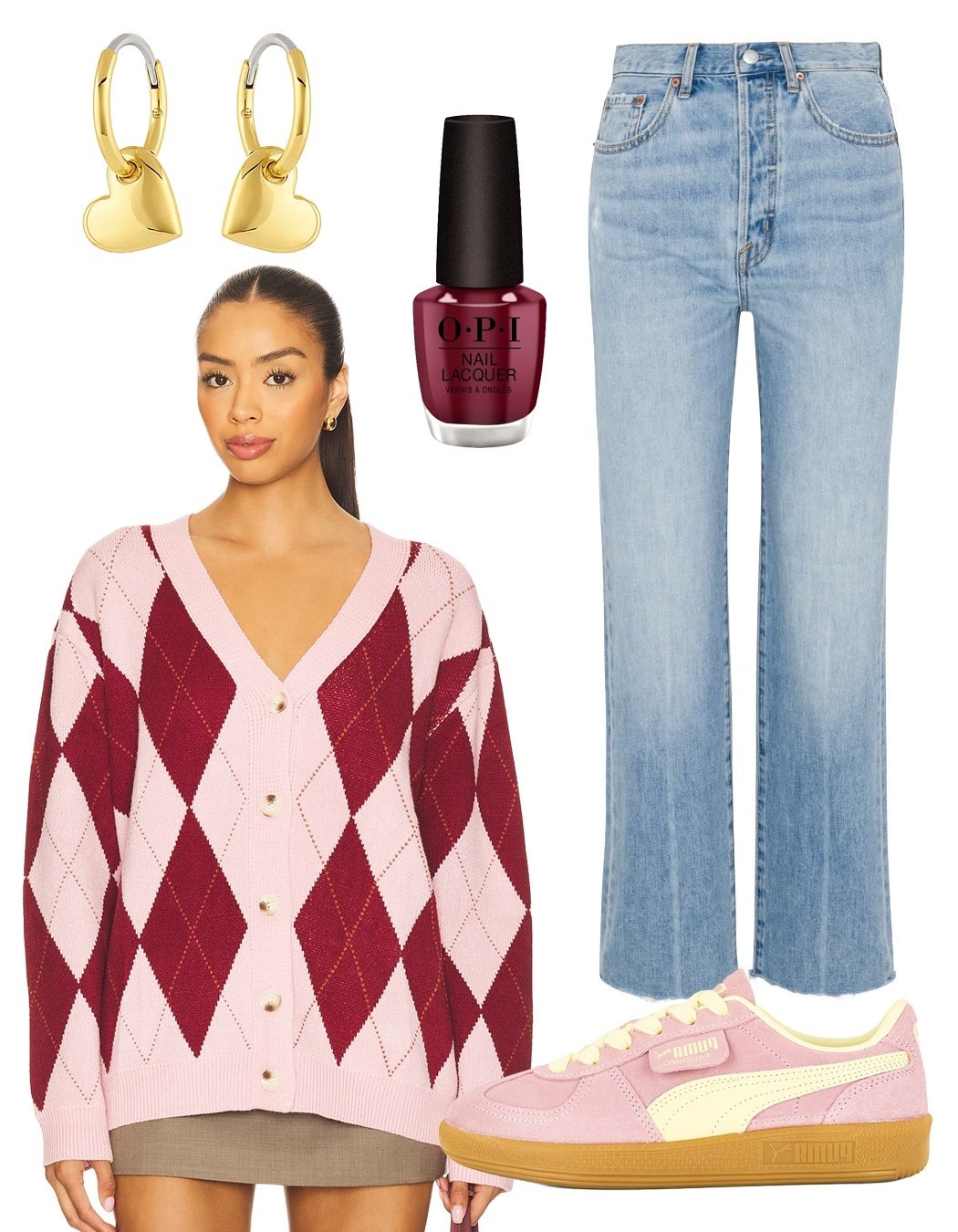 Valentine's Day Outfit Ideas - Pink and Red argyle long cardigan with straight leg jeans and Adidas pink sneakers with burgundy red OPI nail polish and Gorjana heart huggie earrings.  Valentine's Day Gift Ideas.  For wife, girlfriend, best friend, daughter, mother. #valentinesDay #giftideas #winteroutfit - how to style adidas sneakers - how to style straight jeans - how to style cardigan #over40style #outfitideas

#LTKootd #LTKOver40 #LTKValentine