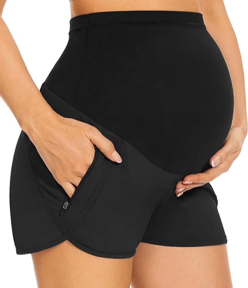 PACBREEZE Women's Maternity Shorts Over Belly Quick Dry Workout Athletic Running Shorts with Zipp... | Amazon (US)