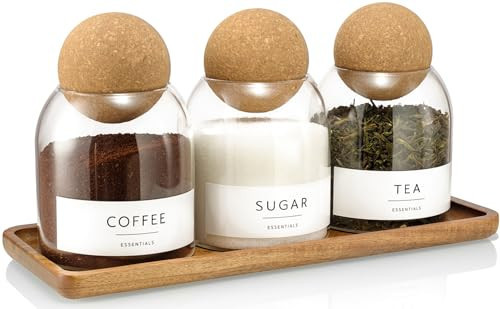 GENSTEUO Glass Jars with Cork Lids, 3 Pack Small Decorative Jars with Acacia Tray, Bathroom Qtip and Cotton Ball Holder Set, Cute Coffee Bar Containers for Sugar Candy Tea, Apothecary Jars (17oz) | Amazon (US)