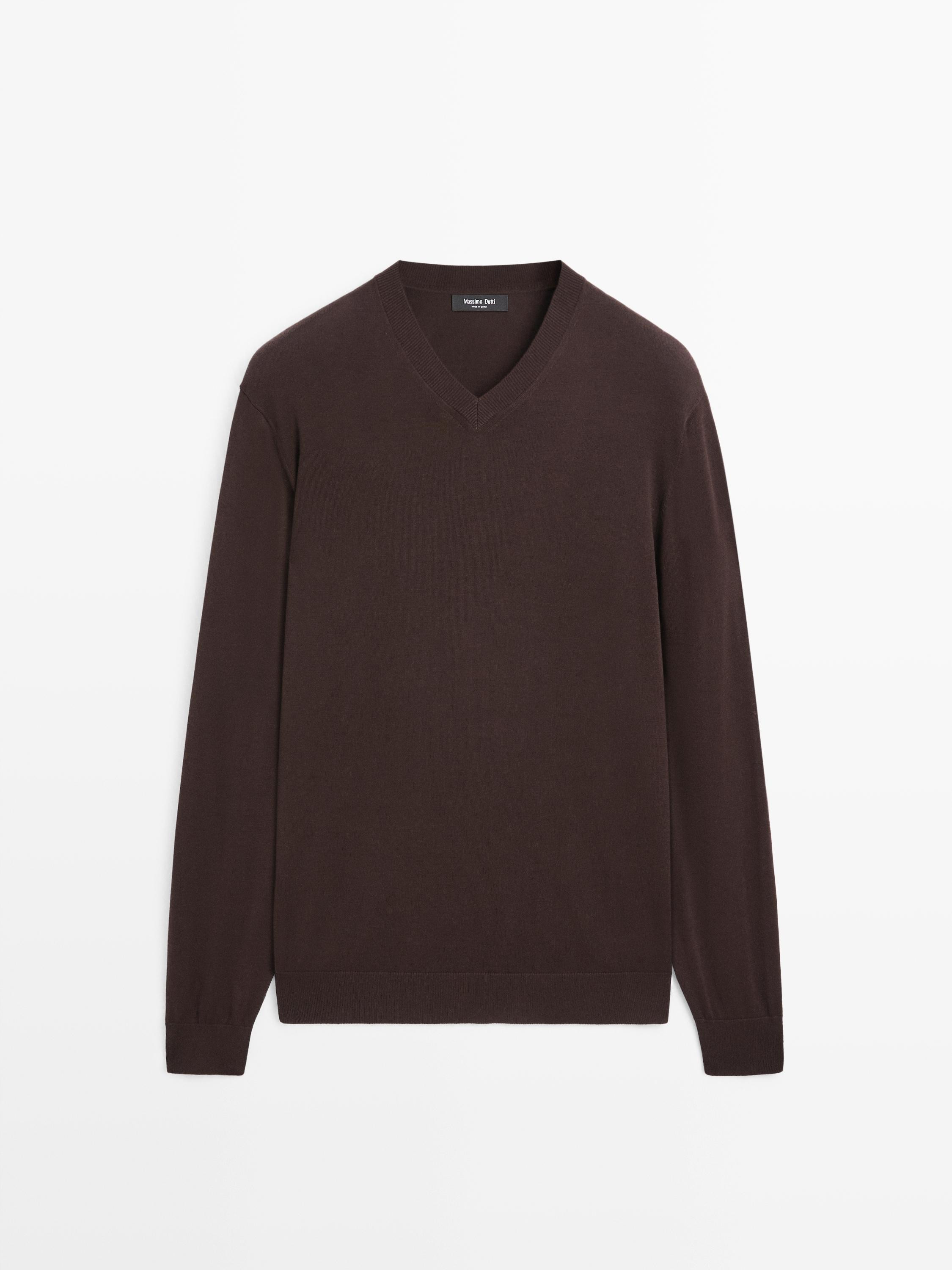 Cotton blend V-neck knit sweater | Massimo Dutti US