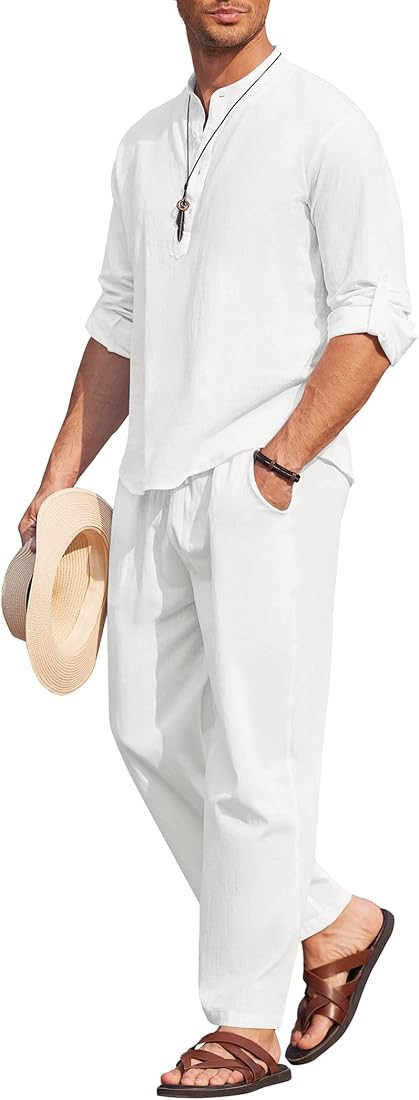 COOFANDY Men's 2 Pieces Cotton Linen Set Long Sleeve Henley Shirts Casual Beach Pants With Pocket... | Amazon (US)