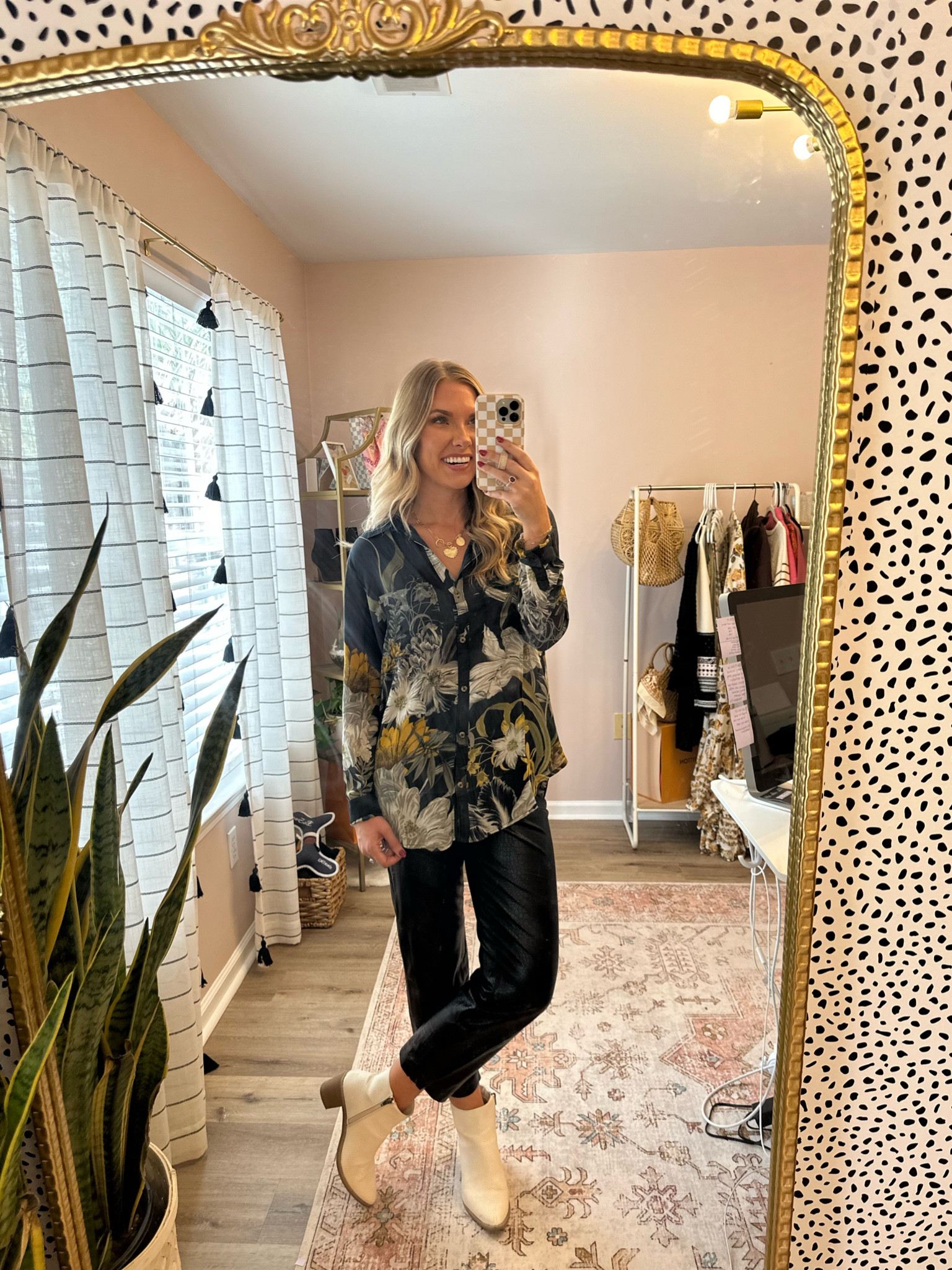 Loving this top! It’s perfect for work or dressing up as a date night outfit! Wearing a size small. 

Fall styles 
Fall outfit 
Leather pants 
Boots 
Workwear 
Date night 

#LTKHoliday #LTKworkwear #LTKSeasonal