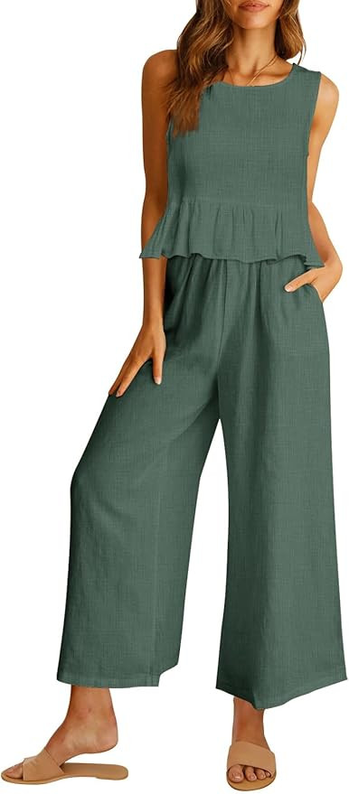 AUTOMET Womens Summer 2 Piece Outfits Linen Crop Tank Tops Lounge Matching Sets & Long Track Pant... | Amazon (US)