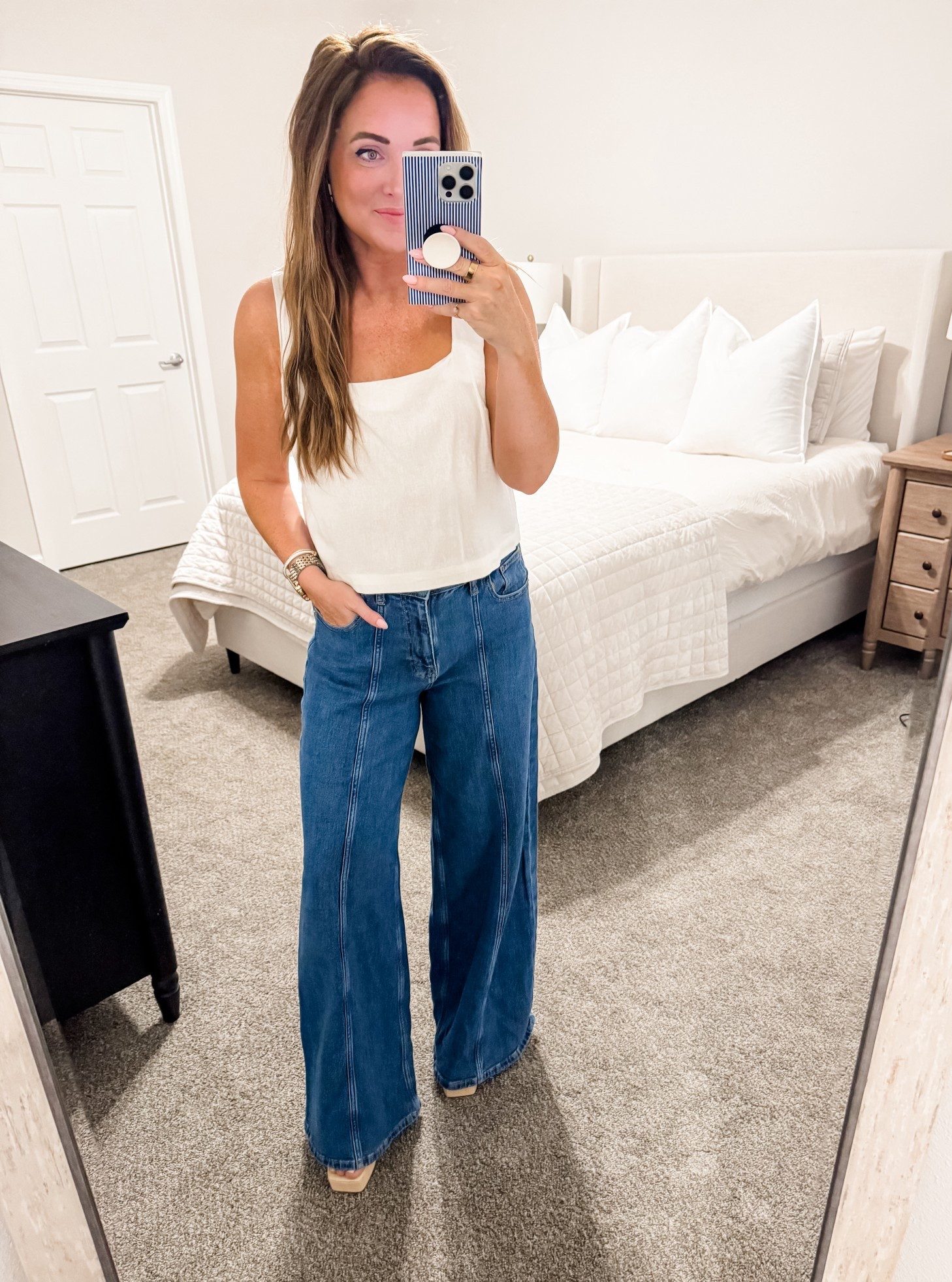 Denim - 28 (could size down), top - M
5’2” 140 lbs
—
Amazon denim | Amazon the drop | Wide leg denim | Baggy denim | Old navy tank top | Summer heeled sandals | Linen tank | Block heel | Raffia sandals

#LTKgrwm #LTKWorkwear #LTKSaleAlert