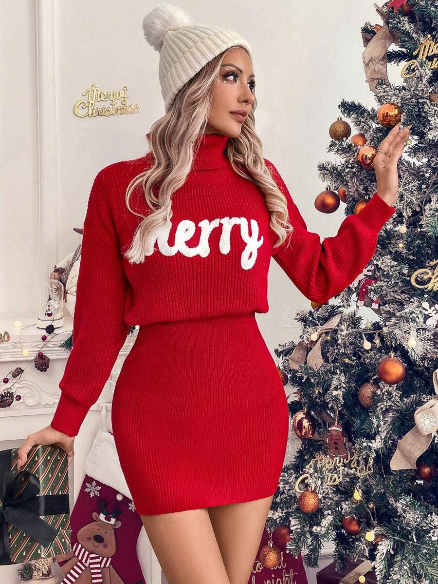 SHEIN LUNE Women's Casual Christmas Letter Print Turtleneck Red Embroidered Dress, Fall/Winter Fo... | SHEIN