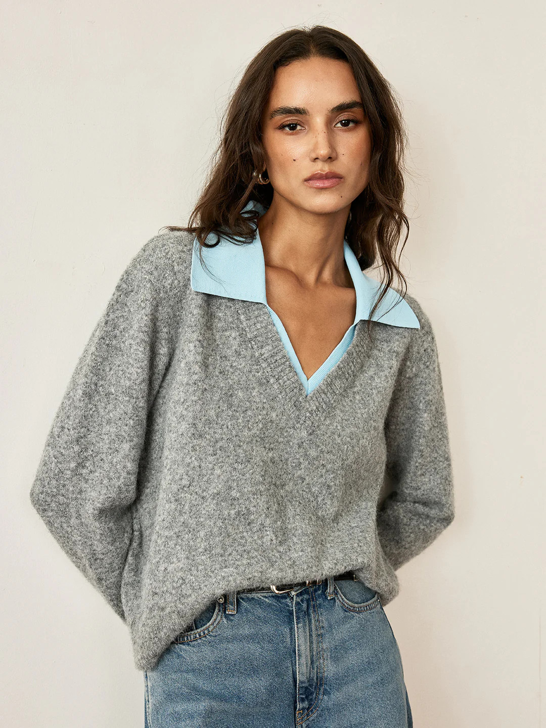 Contrast Collar Wool Blend Sweater | Commense