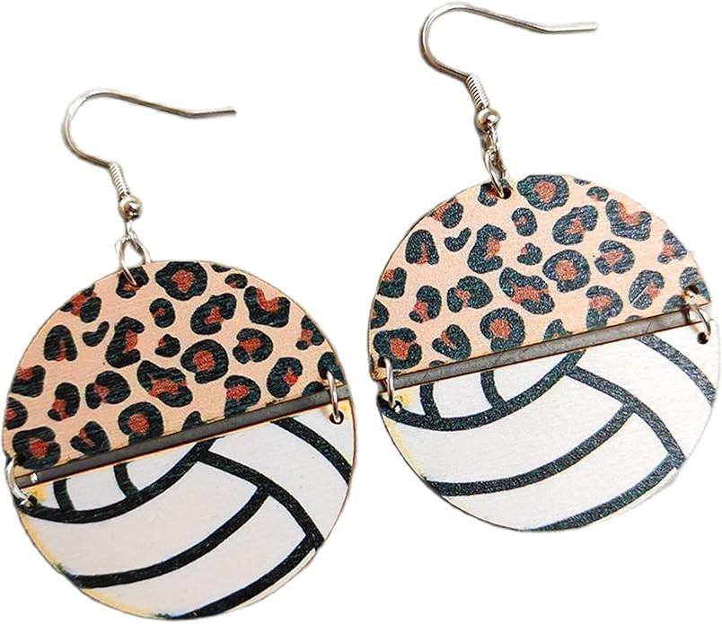 Leopard Ball Sports Wooden Dangle Drop Earring Round Football Basketball Volleyball Baseball Leop... | Amazon (US)