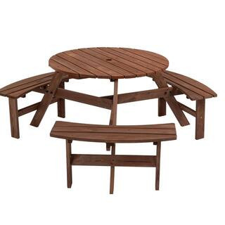 35.43 in. 6-People Brown Circular Outdoor Wooden Round Picnic Table with 3 Built-in Benches for Patio, Backyard, Garden | The Home Depot