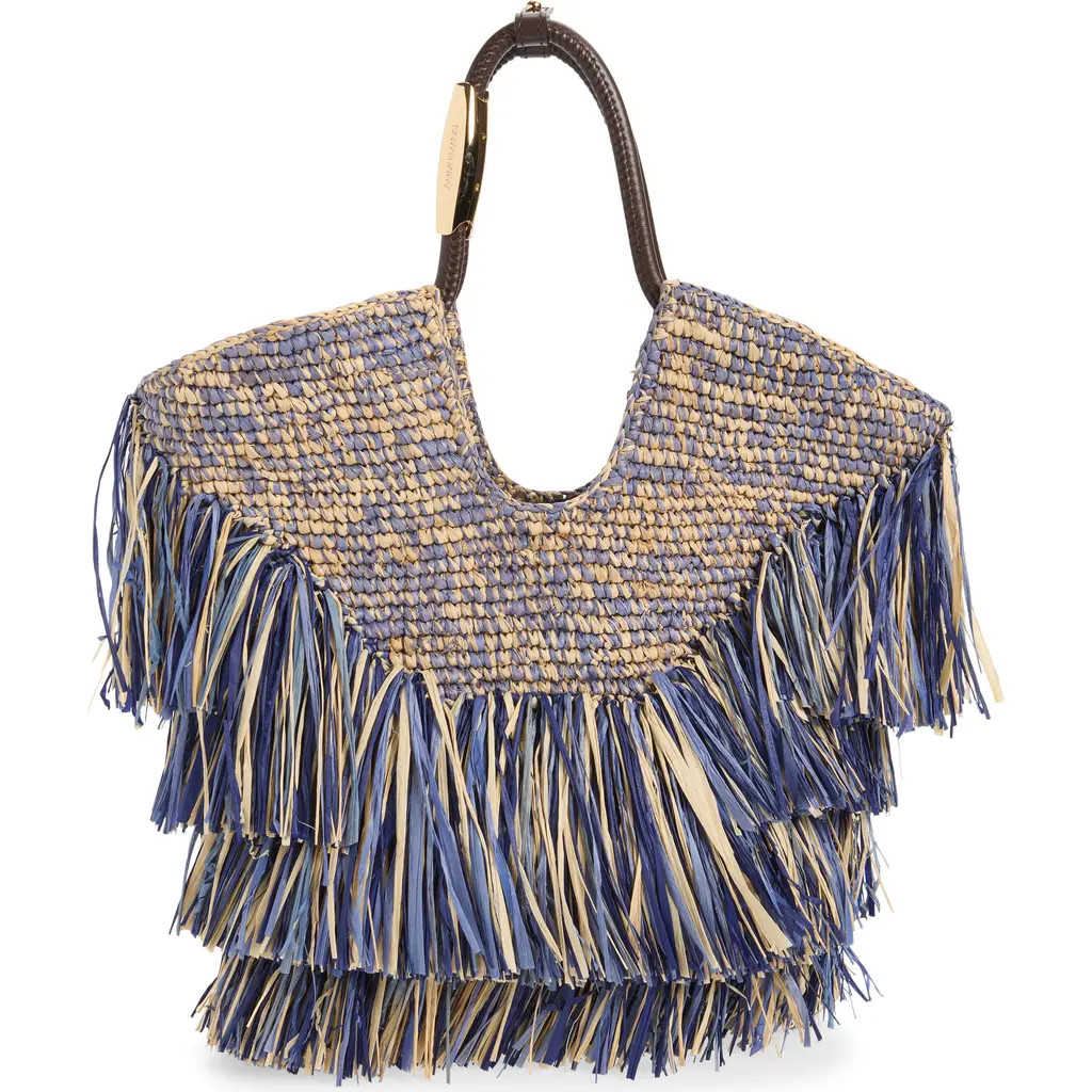 Zimmermann Small Goldentime Fringe Raffia Tote Bag in Denim Blue at Nordstrom | Nordstrom
