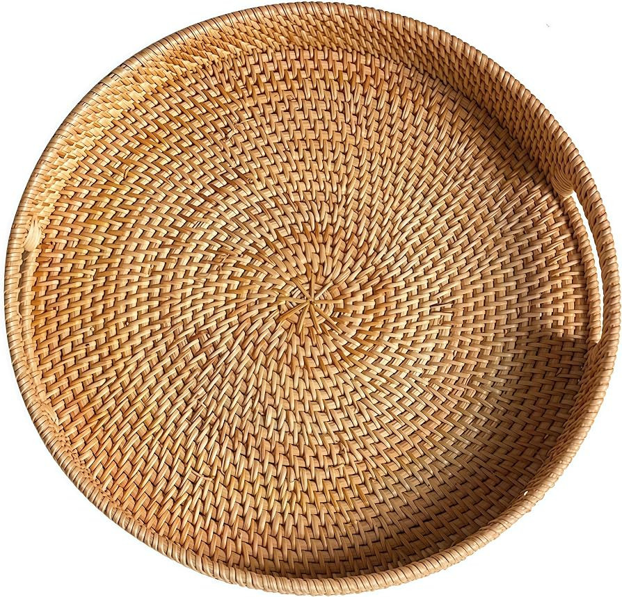 11.8" Round Rattan Tray, Hand Woven Serving Tray with Handles, Wicker Serving Basket, Decorative ... | Amazon (US)