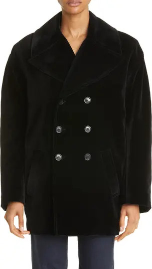 Saint Laurent Embroidered YSL Logo Cotton Velveteen Peacoat | Nordstrom | Nordstrom