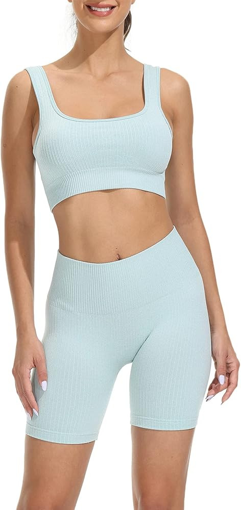 Hotexy Workout Sets for Women Active 2 Pieces Ribbed High Waisted Shorts with Seamless Sports Top... | Amazon (US)